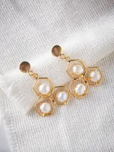 ATIBELLE Gold-Plated & Off White Pearl Geometric Drop Earrings