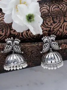 ATIBELLE Silver-Plated Peacock Shaped Jhumkas Earrings