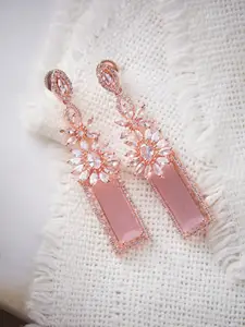 ATIBELLE Pink & Rose Gold-Plated American Diamond Studded Contemporary Drop Earrings