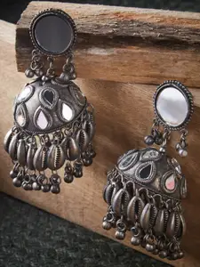 ATIBELLE Silver-Plated Oxidised Dome Shaped Jhumkas Earrings