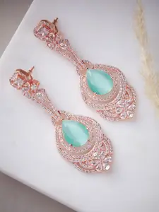 ATIBELLE Gold-Plated & Blue American Diamond Studded Contemporary Drop Earrings