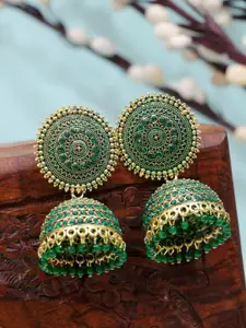 Crunchy Fashion Gold-Plated & Green Dome Shaped Jhumkas