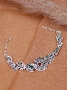 Crunchy Fashion Women Silver-Toned & Green Kundan Silver-Plated Link Bracelet