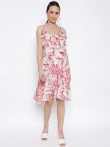 MARC LOUIS White & Pink Floral Printed Georgette Fit & Flared Dress