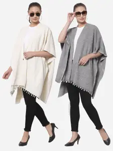 Arrabi Women Pack Of 2 Off White & Grey Self Design Open Front Shrug