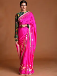 Masaba Pink & Gold-Toned Floral Zari Silk Blend Saree