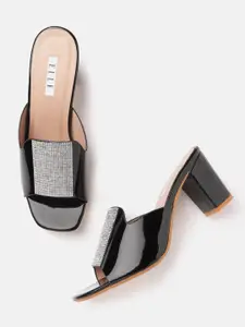 ELLE ELLE Black & Silver-Toned Embellished Block Heels