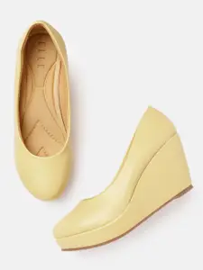 ELLE Beige with Tinge of Lime Green Solid Wedge Pumps