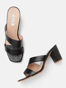 ELLE Black Croc Textured Block Heels