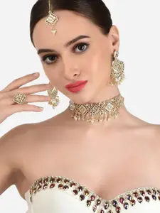 Zaveri Pearls White Kundan-Studded & Pearl Beaded Necklace Earring Maangtikka & Ring Set