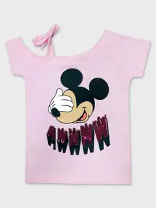 Kids Ville Girls Pink & Black Minnie Mouse Printed Extended Sleeves Pure Cotton T-shirt