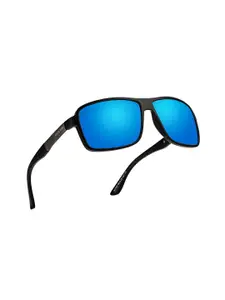 ROYAL SON Men Blue Lens & Black Rectangle Sunglasses with Polarised Lens CHI00123-C3