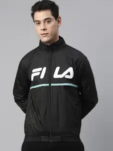 FILA Men Black & White Brand Logo Print Hooded Sporty Jacket