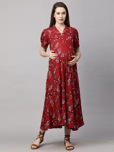 MomToBe Women Red Floral Maternity Nursing Maxi Sustainable Dress