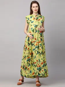 MomToBe Yellow & Red Floral Printed Maternity Nursing Maxi Sustainable Dress