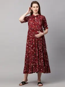 MomToBe Red & White Floral Tie-Up Neck Maternity A-Line Midi Nursing Sustainable Dress