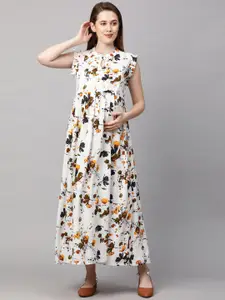 MomToBe White Floral Printed Maternity Nursing Maxi Sustainable Dress