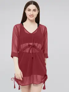 MIRCHI FASHION Women Red Sheer Chiffon Kaftan Kurta