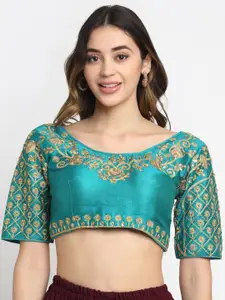 Grancy Women Turquoise Blue & Gold-Coloured Embroidered Saree Blouse