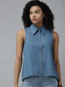 The Roadster Lifestyle Co. Women Pure Cotton Chambray Sleeveless Casual Shirt