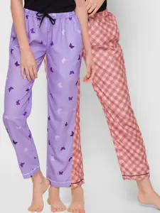 FashionRack Women Pack Of 2 Purple & Brown Printed Cotton Lounge Pants