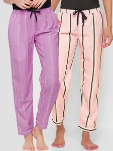FashionRack Women Pack of 2 Purple & Pink Cotton Printed Lounge Pants