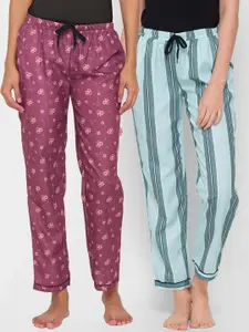FashionRack Women Purple & Blue Set Of 2 Printed Cotton Lounge Pants