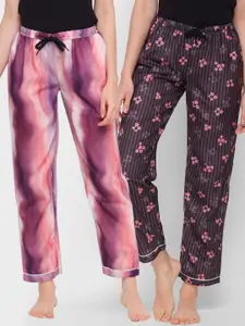 FashionRack Women Brown & Purple Pack of 2 Printed Cotton Lounge Pants