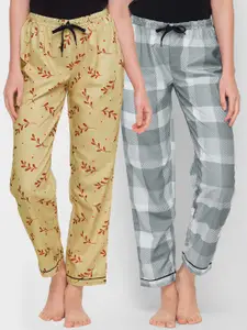 FashionRack Women Pack of 2 Grey & Beige Printed Cotton Lounge Pants