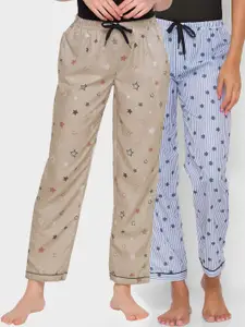 FashionRack Women Pack Of 2 Beige & Grey Printed Regular Fit Cotton Lounge Pants