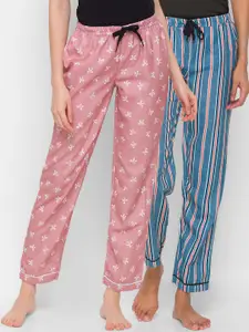 FashionRack Women Brown & Navy Blue Set Of 2 Printed Cotton Lounge Pants