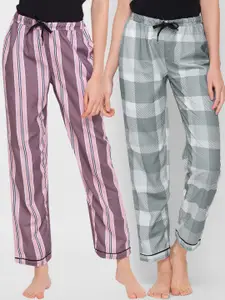 FashionRack Women Pack Of 2 Pink & Grey Printed Regular Fit Cotton Lounge Pants