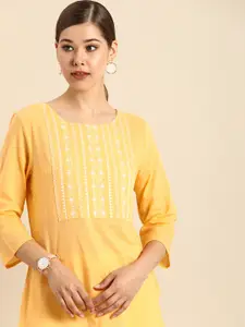 Anouk Women Mustard Yellow Ethnic Motifs Yoke Design Thread Work Pure Cotton Kurta