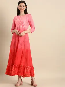 Anouk Women Pink & Red Striped Ethnic Maxi Dress