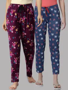 Kryptic Women Pack of 2 Blue & Maroon Printed Mid Rise Cotton Lounge Pants