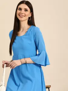 Anouk Women Blue Solid Semi-Sheer Ethnic Midi A-Line Dress