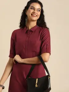 Anouk Women Maroon Woven Design Roll-Up Sleeves Shirt CollarWork Kurta