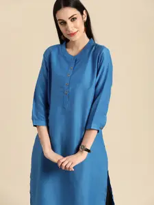 Anouk Women Blue Solid Mandarin-Collar Straight Kurta