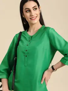 Anouk Women Green Solid Mandarin-Collar A-Line Kurta