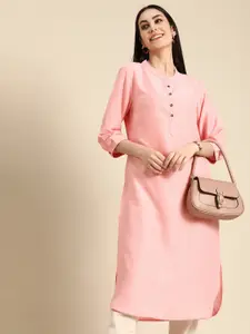 Anouk Women Light Pink Solid Mandarin-Collar A-Line Kurta