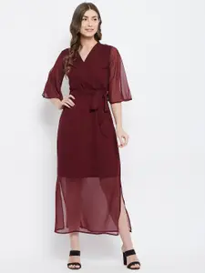 Color Cocktail Maroon Flared Sleeves Maxi Wrap Dress
