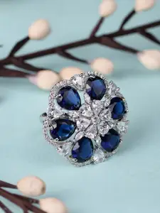 Saraf RS Jewellery Silver-Plated Blue & White AD Studded Adjustable Cocktail Finger Ring