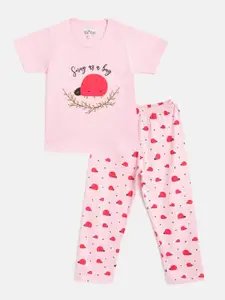 Nite Flite Girls Pink Ladybug Printed Pure Cotton Half Sleeves Nightsuit
