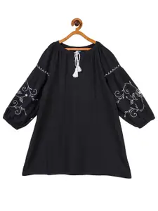 Miyo Grey Embroidered Tie-Up Neck A-Line Cotton Dress