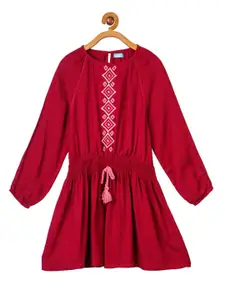 Miyo Maroon Ethnic Motifs Embroidered Cotton Dress