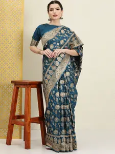 House of Pataudi Teal Blue & Gold-Toned Ethnic Motifs Zari Silk Blend Banarasi Saree