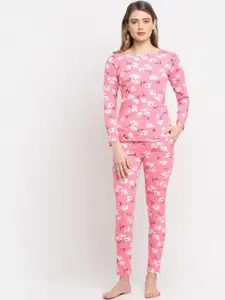 Boston Club Women Pink & White Printed Cotton Night Suit