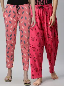 Kryptic Women Pack of 2 Pink & Black Printed Mid Rise Cotton Lounge Pants