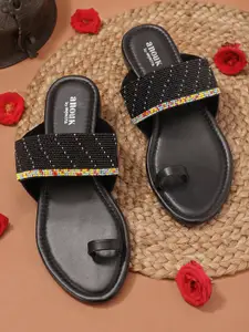 Anouk Women Black & Silver-Toned Ethnic Embellished Handcrafted One Toe Flats