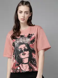 The Dry State Women Rose & Black Printed Loose Oversized  T-shirt